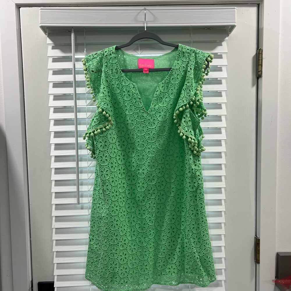 Lilly Pulitzer Green Eyelet Dress with Pom Pom Sleeves